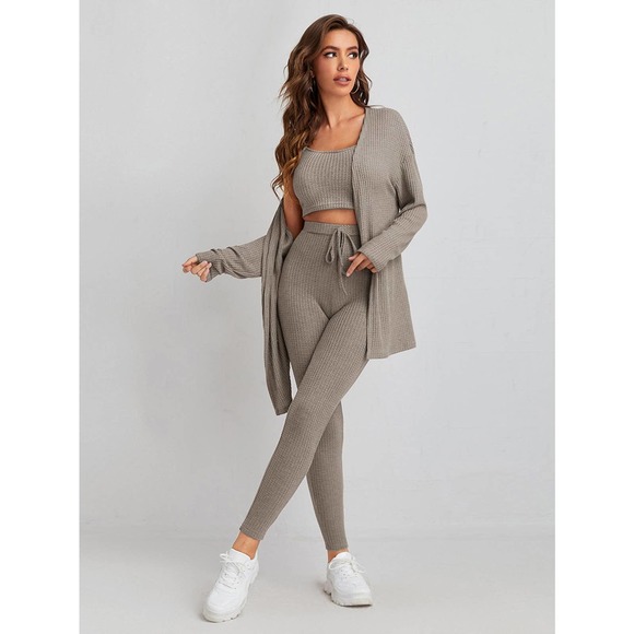 3 piece set: Waffle Knit Tank Top & Leggings & Coat cardigan tan gray - Picture 2 of 16